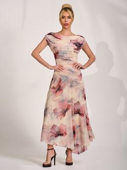 Jolie Moi Pleat Shoulder Draped Maxi Dress, Beige Floral, Beige Floral