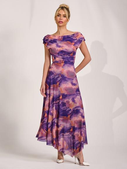 Jolie Moi Pleat Shoulder Draped Maxi Dress, Purple Multi, Purple Multi