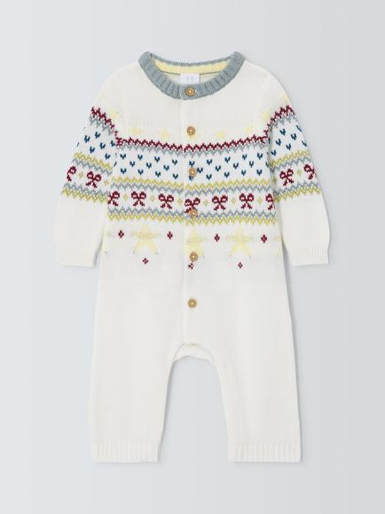 John Lewis Baby Fair Isle Romper, White Multi, White Multi