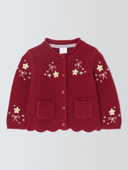 John Lewis Baby Cotton Embroidered Cardigan, Burgundy, Burgundy