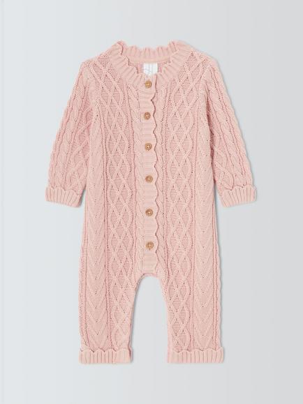 John Lewis Baby Cotton Cable Knit Romper, Pink, Pink