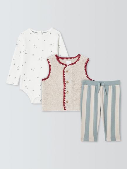 John Lewis Baby Borg Gilet, Long Sleeve Bodysuit & Trousers Set, Blue Multi, Blue Multi