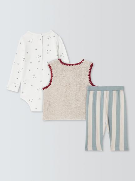 John Lewis Baby Borg Gilet, Long Sleeve Bodysuit & Trousers Set, Blue Multi - view 2, Blue Multi