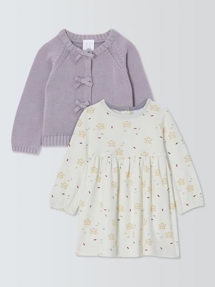 John Lewis Baby Star Dress & Cardigan Set, White Multi, White Multi