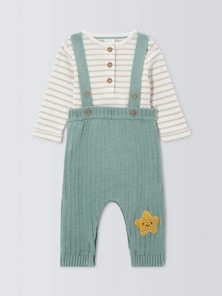 John Lewis Baby Cotton Stripe Top & Dungareees Set, Blue, Blue