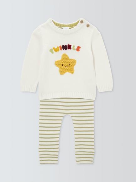 John Lewis Baby Cotton Twinkle Top & Leggings Set, Cream/Green, Cream/Green