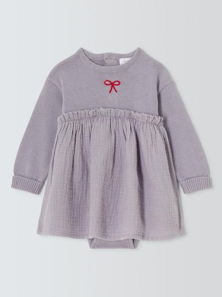 John Lewis Baby Cotton Long Sleeve Dress, Purple, Purple