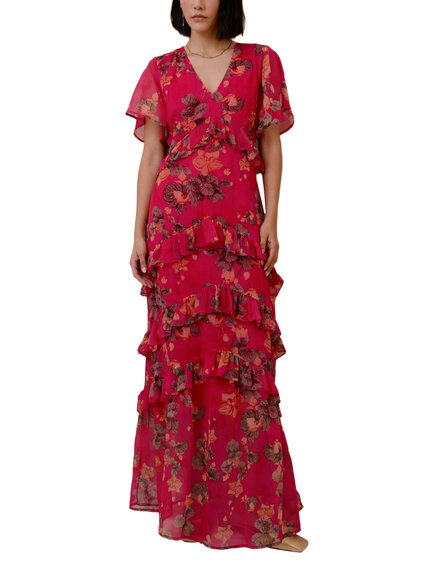Raishma Estella Floral Ruffle Maxi Dress, Red, Red