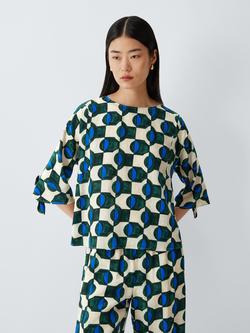 Weekend MaxMara Adone Geometric Print Short Sleeve Silk Blouse, Dark Green, Dark Green