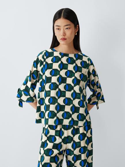 Weekend MaxMara Adone Geometric Print Short Sleeve Silk Blouse, Dark Green, Dark Green