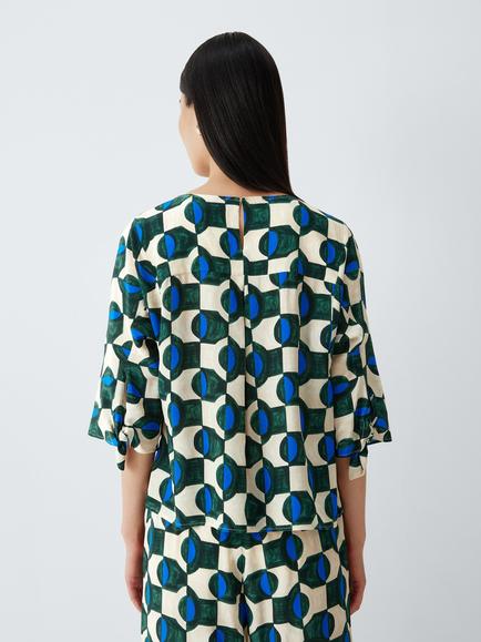 Weekend MaxMara Adone Geometric Print Short Sleeve Silk Blouse, Dark Green - view 2, Dark Green
