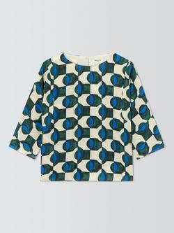 Weekend MaxMara Adone Geometric Print Short Sleeve Silk Blouse, Dark Green, Dark Green