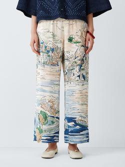 Weekend MaxMara Curva Print Wide Leg Silk Ankle Trousers, Blue Landscape, Blue Landscape