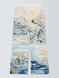 Weekend MaxMara Curva Print Wide Leg Silk Ankle Trousers, Blue Landscape, Blue Landscape