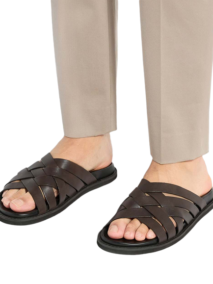 Dune London Iddris Interlocking Weave Leather Footbed Sandals, Brown - view 2, Brown