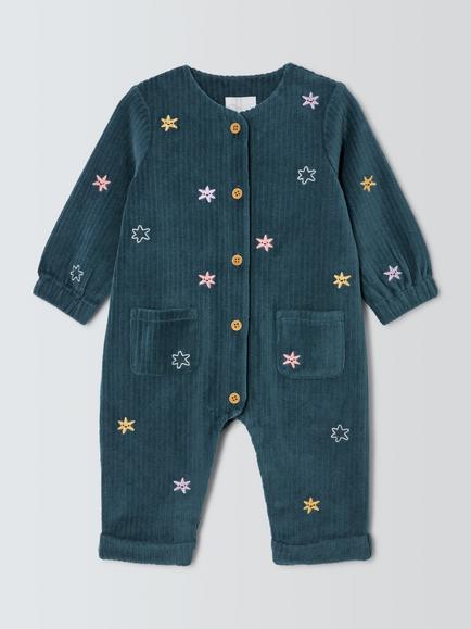 John Lewis Baby Ribbed Velour Star Romper, Green, Green