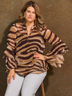 Live Unlimited Abstract Stripe Ruffle Sleeve Top, Brown Multi, Brown Multi