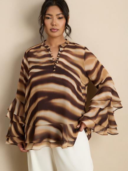 Live Unlimited Abstract Stripe Ruffle Sleeve Top, Brown Multi, Brown Multi