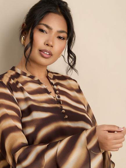 Live Unlimited Abstract Stripe Ruffle Sleeve Top, Brown Multi - view 2, Brown Multi