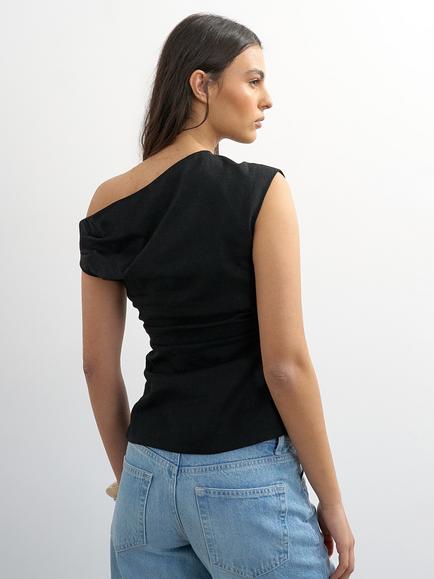 Topshop Twist Shoulder Short Sleeve Linen Blend Top, Black - view 2, Black