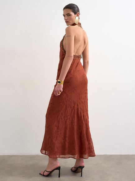 Topshop Bead Trim Broderie Anglaise Maxi Dress, Rust, Rust
