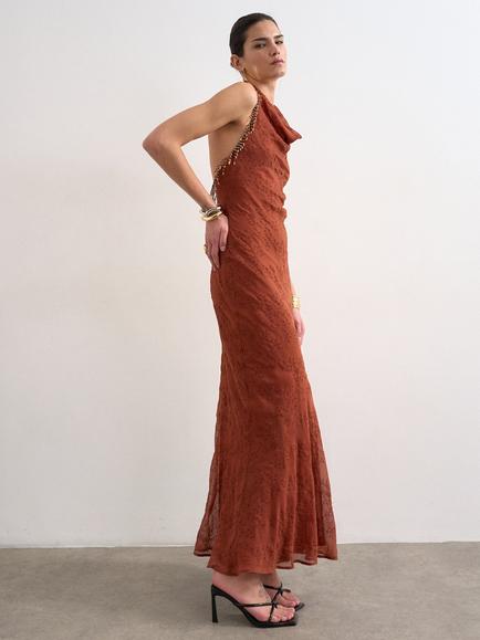Topshop Bead Trim Broderie Anglaise Maxi Dress, Rust - view 2, Rust