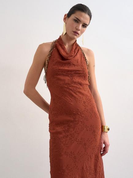 Topshop Bead Trim Broderie Anglaise Maxi Dress, Rust, Rust