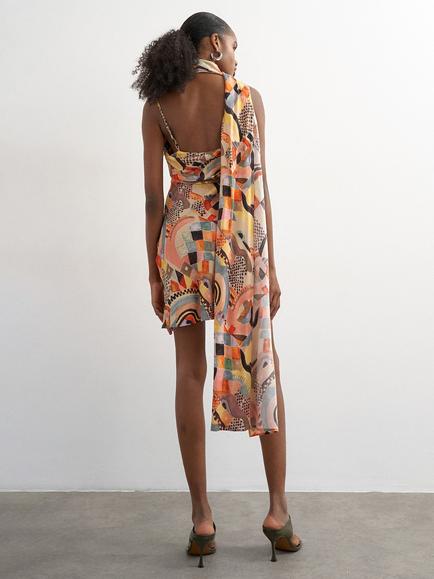Topshop Mosaic Scarf Cowl Neck Sleeveless Mini Dress, Orange - view 2, Orange