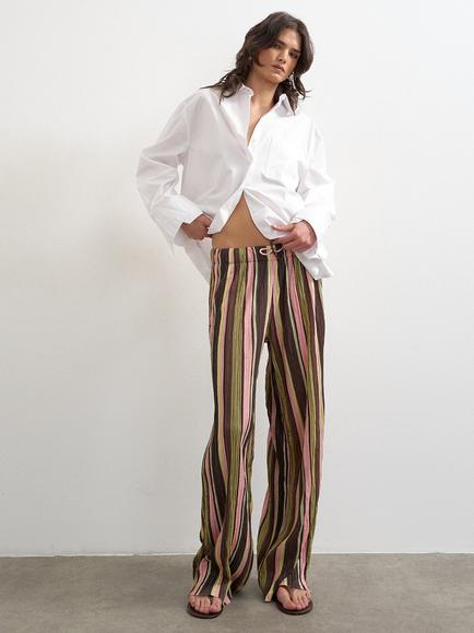 Topshop Drawstring Waist Wide Leg Striped Crinkle Trousers, Multi, Multi