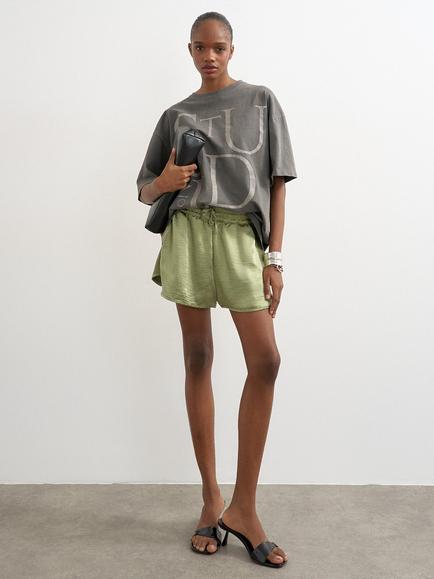 Topshop Deep Waistband Satin Runner Shorts, Green, Green