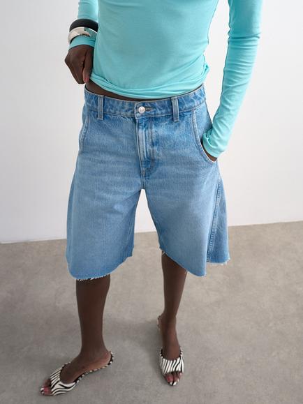 Topshop Barrel Leg Jorts, Mid Blue - view 2, Mid Blue