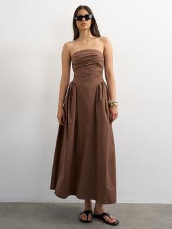 Topshop Ruched Bandeau Cotton Maxi Dress, Brown, Brown