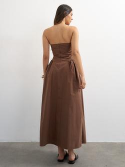 Topshop Ruched Bandeau Cotton Maxi Dress, Brown - view 2, Brown