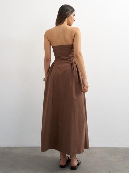 Topshop Ruched Bandeau Cotton Maxi Dress, Brown - view 2, Brown
