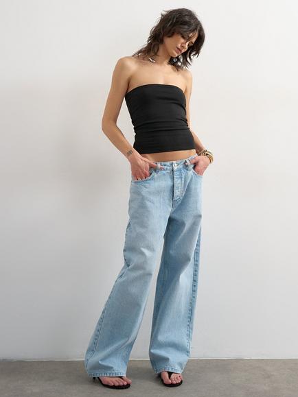 Topshop Stretch Cotton Cropped Bandeau Top, Black