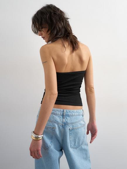 Topshop Stretch Cotton Cropped Bandeau Top - view 2, Black