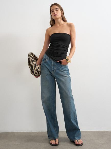 Topshop Ruched Asymmetrical Hem Bandeau Neck, Black