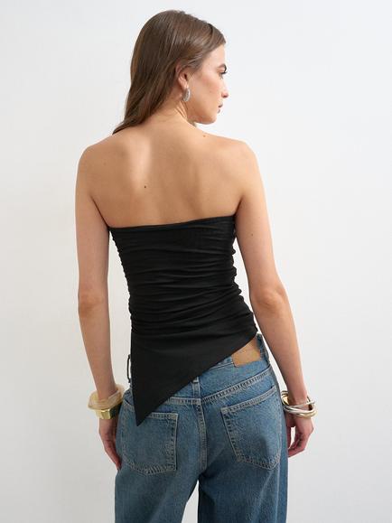 Topshop Ruched Asymmetrical Hem Bandeau Neck - view 2, Black