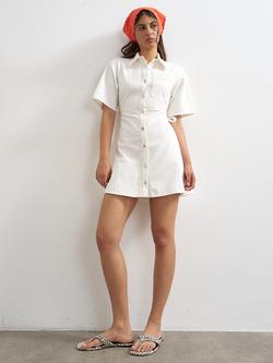 Topshop Tie Detail Short Sleeve Denim Mini Shirt Dress, White, White