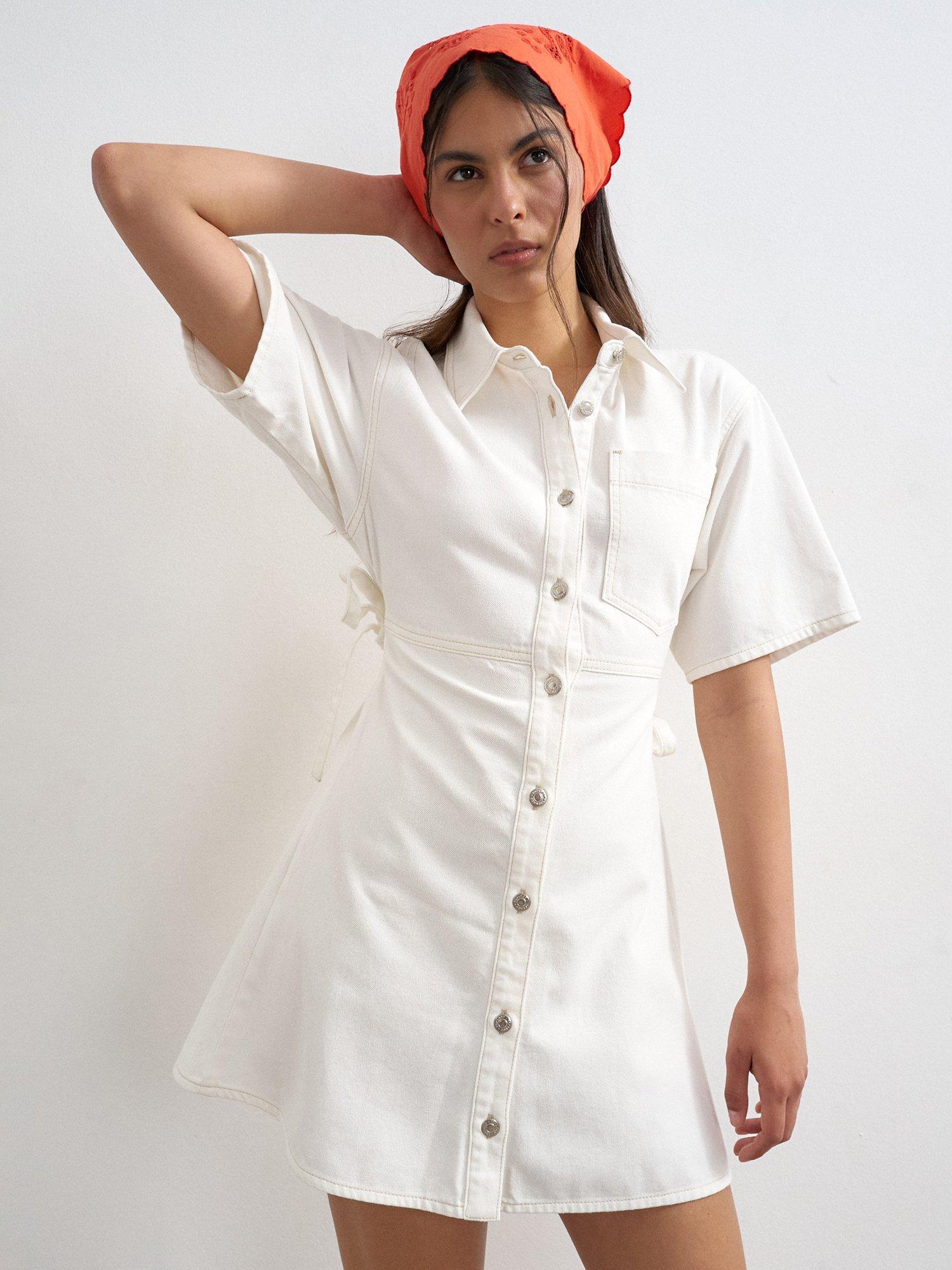 topshop white denim dress Topshop Tie Detail Short Sleeve Denim Mini Shirt Dress, White
