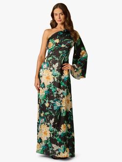 Adrianna Papell Satin Floral One Shoulder Maxi Dress, Black/Multi, Black/Multi