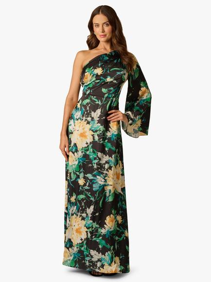 Adrianna Papell Satin Floral One Shoulder Maxi Dress, Black/Multi, Black/Multi