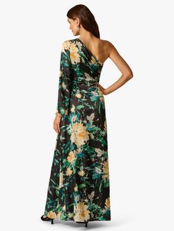 Adrianna Papell Satin Floral One Shoulder Maxi Dress, Black/Multi - view 2, Black/Multi