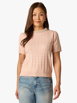 Adrianna Papell Embellished Neck Cable Knit Top, Pink Whisper, Pink Whisper