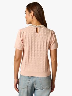Adrianna Papell Embellished Neck Cable Knit Top, Pink Whisper - view 2, Pink Whisper