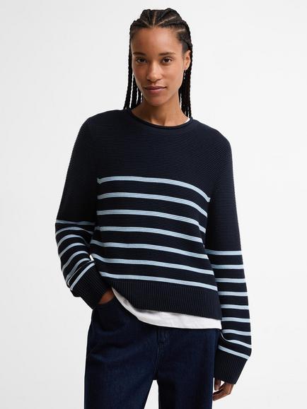 Barbour Hinton Striped Crew Neck Cotton Knit Jumper, Dark Navy Stripe, Dark Navy Stripe