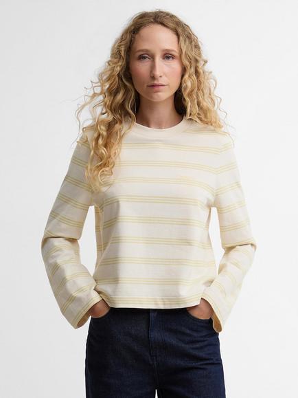 Barbour Dartmoor Striped Long Sleeve Cotton T-Shirt, Ecru/Citrus Stripe, Ecru/Citrus Stripe