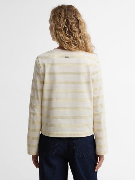 Barbour Dartmoor Striped Long Sleeve Cotton T-Shirt, Ecru/Citrus Stripe - view 2, Ecru/Citrus Stripe