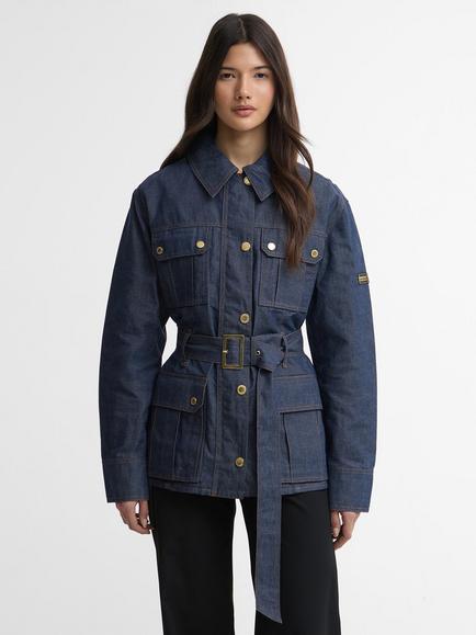 Barbour International Belted Denim Jacket, Dark Blue Wash, Dark Blue Wash
