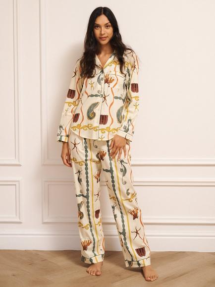Their Nibs Sealife Tile Button Down Long Pyjama Set, Natural, Natural